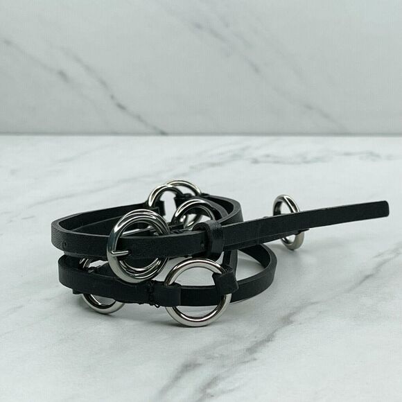 Black Skinny Faux Leather Circle Concho Belt Silver Hardware Large (L) ✨ - Picture 1 of 9